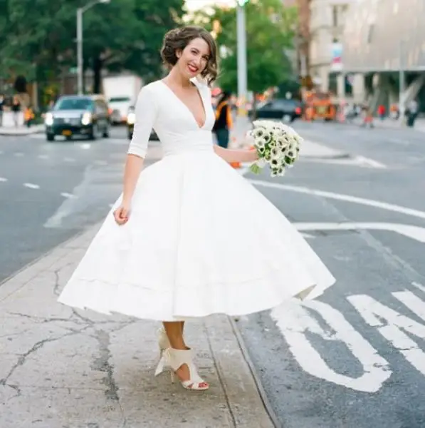 

Short Tea Length Wedding Dresses 2016 Cheap With Deep V Neck Half Sleeves Chinese Ball Gown Bridal Dress Gowns