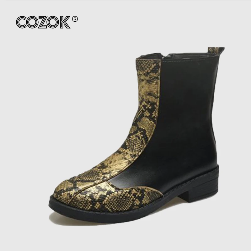 Woman Ankle Boots Big Size 43 Snake Pattern Women Zip Short Boots Autumn Winter Slip On PU Leather Female Footwear Ladies Shoes