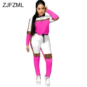 

Leopard Spliced Sporty Two Piece Matching Set Women Hooded Long Sleeve Tshirt + Drawstring Pencil Pants Neon Fall Winter Outfits