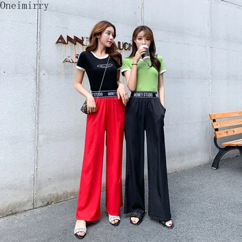 

Crop Top T Shirt +Chiffon Wide Leg Pants Women Two Piece Set High Waist Trousers Short Sleeve Suit 2 Piece Outfits Woman Clothes