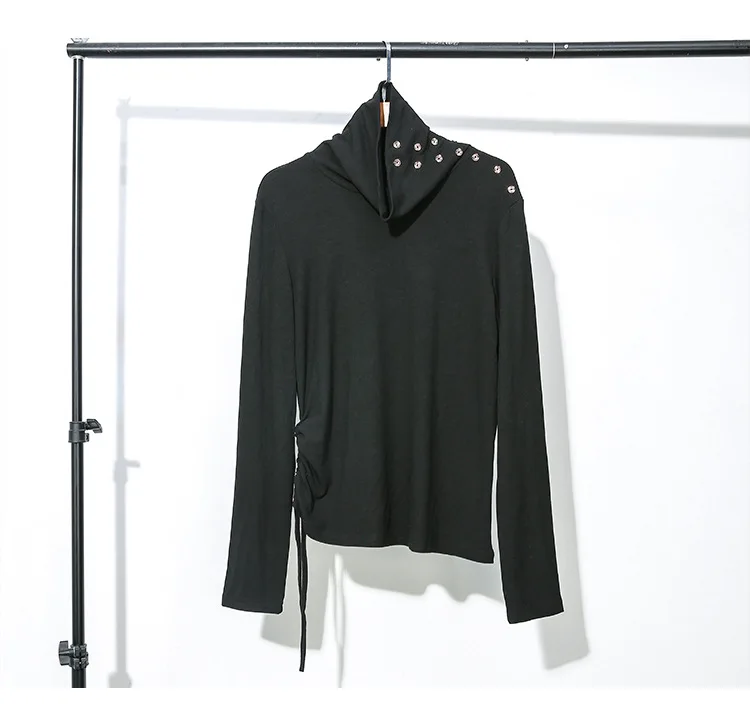 Новинка, японский стиль, сплошной черный женский пуловер, толстовка и струнная эластичная водолазка, женская простая повседневная толстовка J203