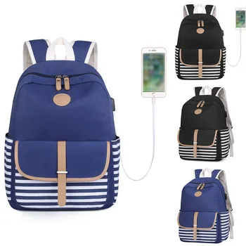 

2020 Fashion Backpack Women Ladies Girl Bag Striped Canvas Bagpack School Backpack With USB Interface Bag Mochila Feminina #C1
