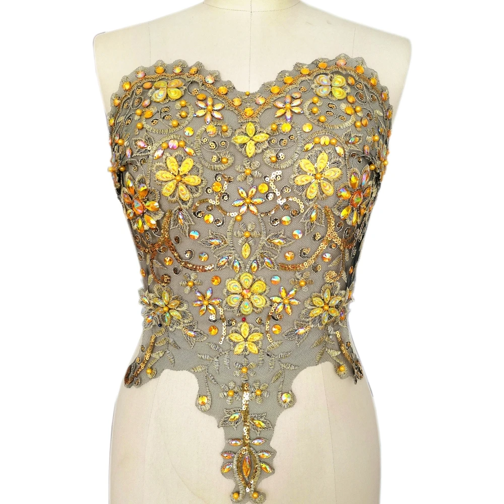 

3D Lace Trim Glue Sew on Rhinestones Decor Yellow AB Emboridery Appliques Patches Sewing For Clothes Garment Dance Dress Costume