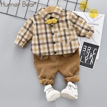 Humor Bear/весенне-осенний комплект одежды для маленьких мальчиков, рубашка в клетку с длинными рукавами+ штаны свитер с буквенным принтом детская одежда для мальчиков из 2 предметов с отворотами