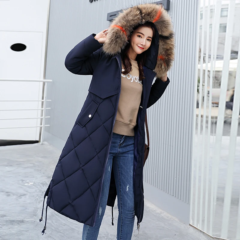 

2018 plus size long women warm winter jacket hooded fur collar outerwear female coat solid black jaqueta feminina inverno