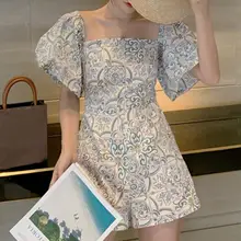 

2021 Fashion Sweet Women Playsuit Short Puff Sleeve Waist Tight Off Shoulder Floral Print Jumpsuit Romper for Summer Office