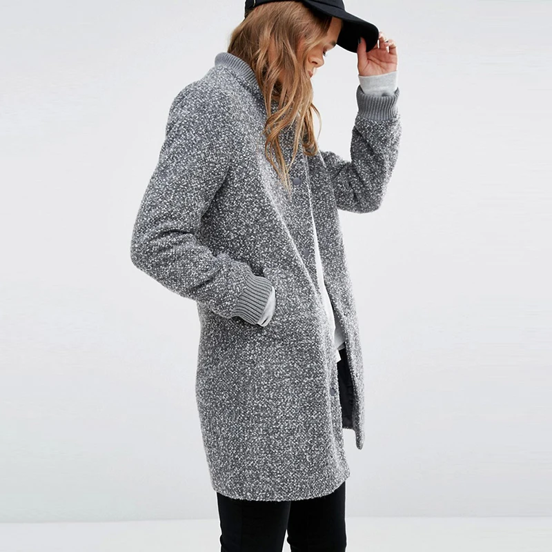 HYH Haoyihui Новая мода осень Свободная Женская повседневная одежда простые женские топы ребристые шерстяные длинные прямая куртка пальто