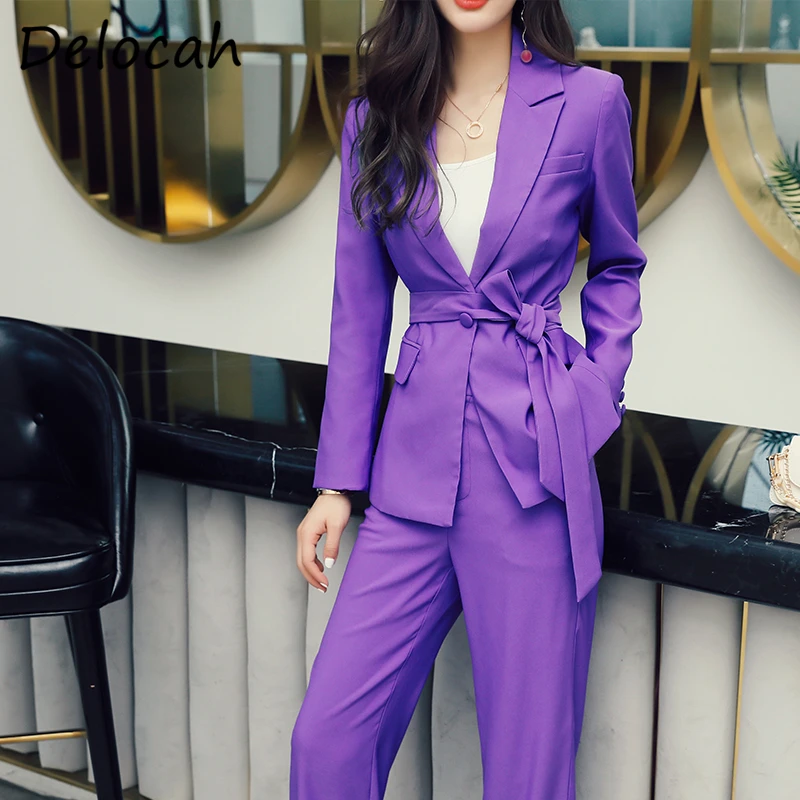 

Delocah Women Fashion Autumn Runway Pants Sets Bow Sashes Loose Tops + High Waist Solid Printed Long Pants 2 Two Pieces Suits