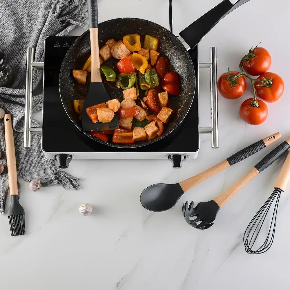 

Hot 11Pcs Kitchen Utensils Set Silicone Non-stick Cooking Utensils Set with S Shaped Hook Wooden Handle kitchen cooking utensil