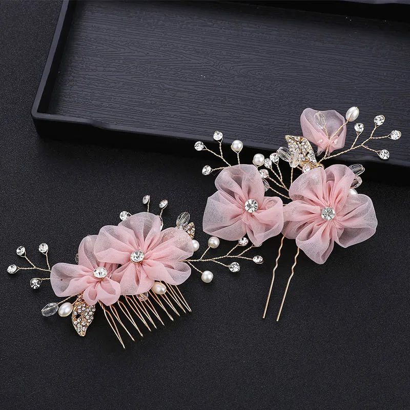 High Fashion Pink Yarn Flower Crystal Simulated Pearls Hair Combs Hairpins Clips Bride Noiva Bridal Wedding Party Jewelry Sets | Украшения