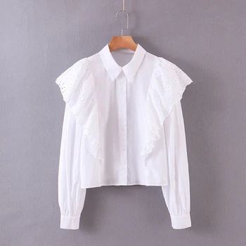 

Women Casual Embroidery Ruffles Blouse Spring Turn Down Collar White Shirts Office Lady Shirts Preppy Style Cotton Tops XB310
