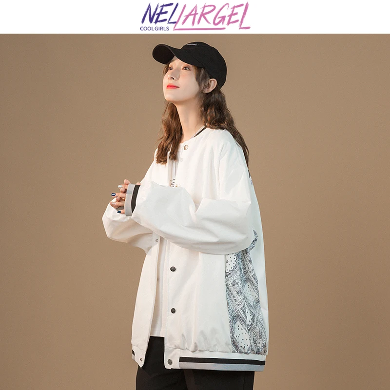 

NELLARGEL Women Paisley Harajuku Varsity Jacket 2023 Female Patchwork Vintage Y2k Bomber Jacket Girl Oversized Kpop Windbreaker