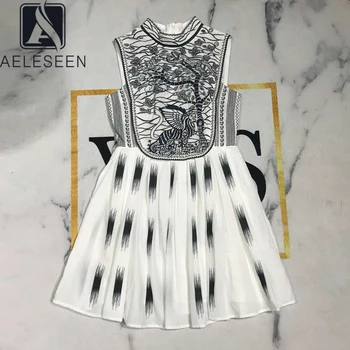 

AELESEEN Runway Fashion Summer Dress 2020 High Quality Sleeveless Luxury Flower Embroidery Mini Party Holiday Dress Vestidos