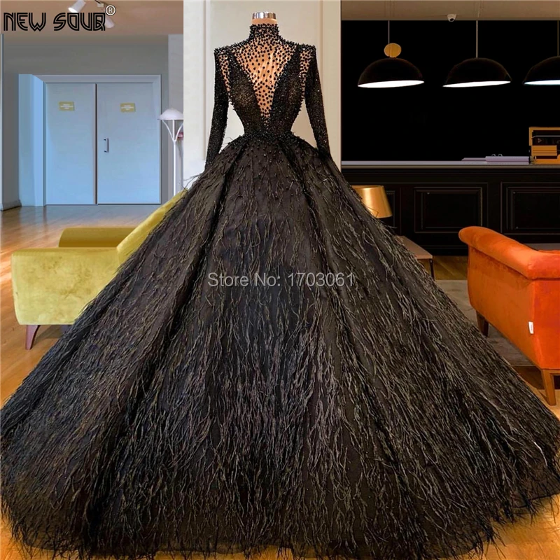 Мусульманское вечернее платье с арабскими перьями из Дубая, Vestidos, пышные вечерние платья с длинным рукавом и бисером для выпускного вечера, платье для торжеств на Ближнем Востоке