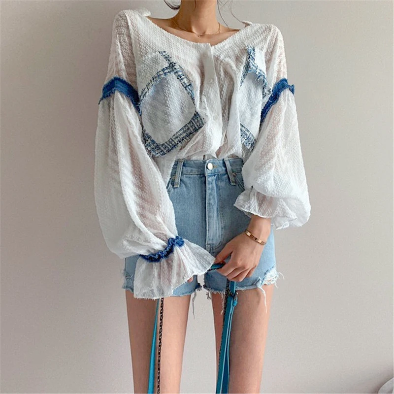 

High End Fashion Design Top! Semi Transparent Patchwork Blouse Women Shirt Lantern Sleeve Chemise Femme Blusa Mujer Camisa