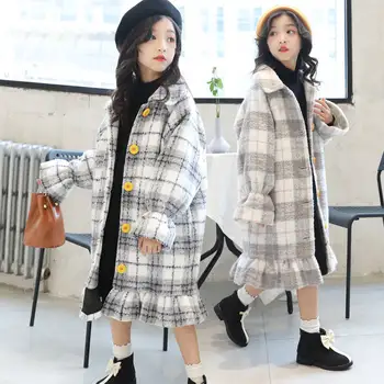 

Loose Teenage Girls Plaid Wool Blends Vintage Coat Jacket Check Flare Sleeve Korean Kids Overcoat 2020 Winter Children Outerwear