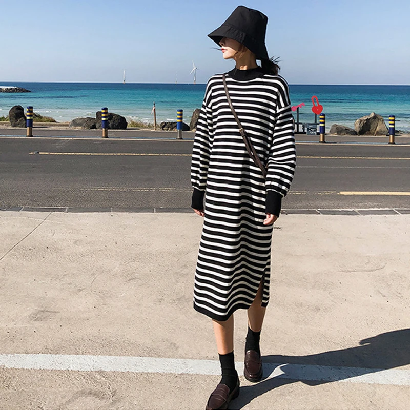 

Winter Loose Sweater Dress Fashion Temperament Casual Korean O-Neck Stripe Knit Sweater Pullover Thicken Long Bottomed Sweater