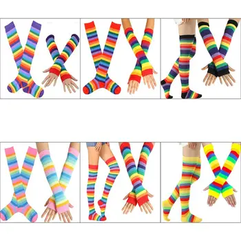 

Womens Rainbow Stripes Over Knee Thigh High Socks Arm Warmer Fingerless Gloves Set Fancy Dress Cosplay Masquerade Party Costume