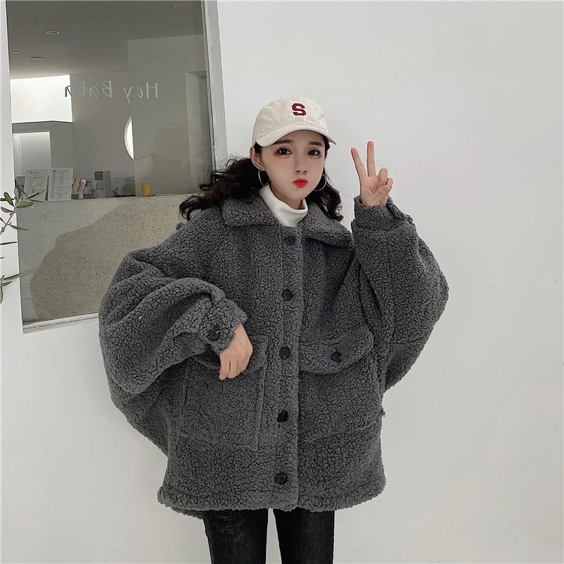 Новинка, Harajuku bf куртка, Женское пальто из овечьей шерсти, свободная Корейская хлопковая одежда, осенне-зимние пальто, верхняя одежда с длинными рукавами, g441