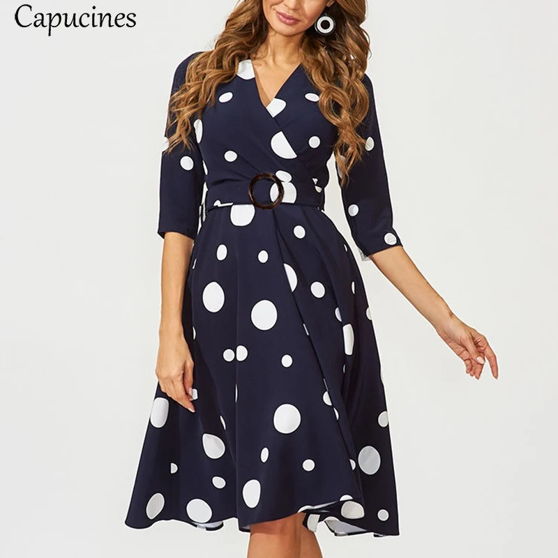 Capucines New Irregular Dot Printed Belt Women Dress Autumn 3/4 Sleeves V Neck A Line Slim Elegant Vintage Party Dresses - Цвет: Blue