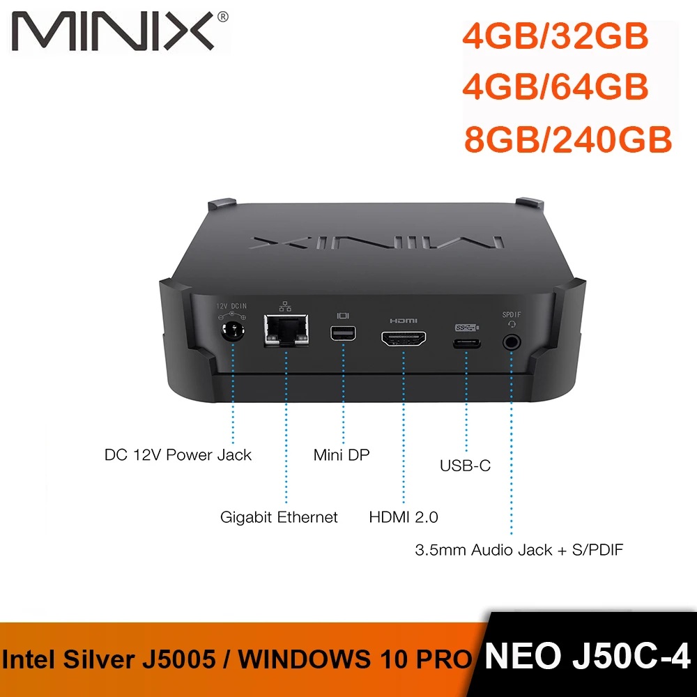 MINIX NEO J50C-4 Official WINDOWS 10 PRO SERIES MINI PC Intel Pentium Silver J5005 DDR4 4GB/64GB HD