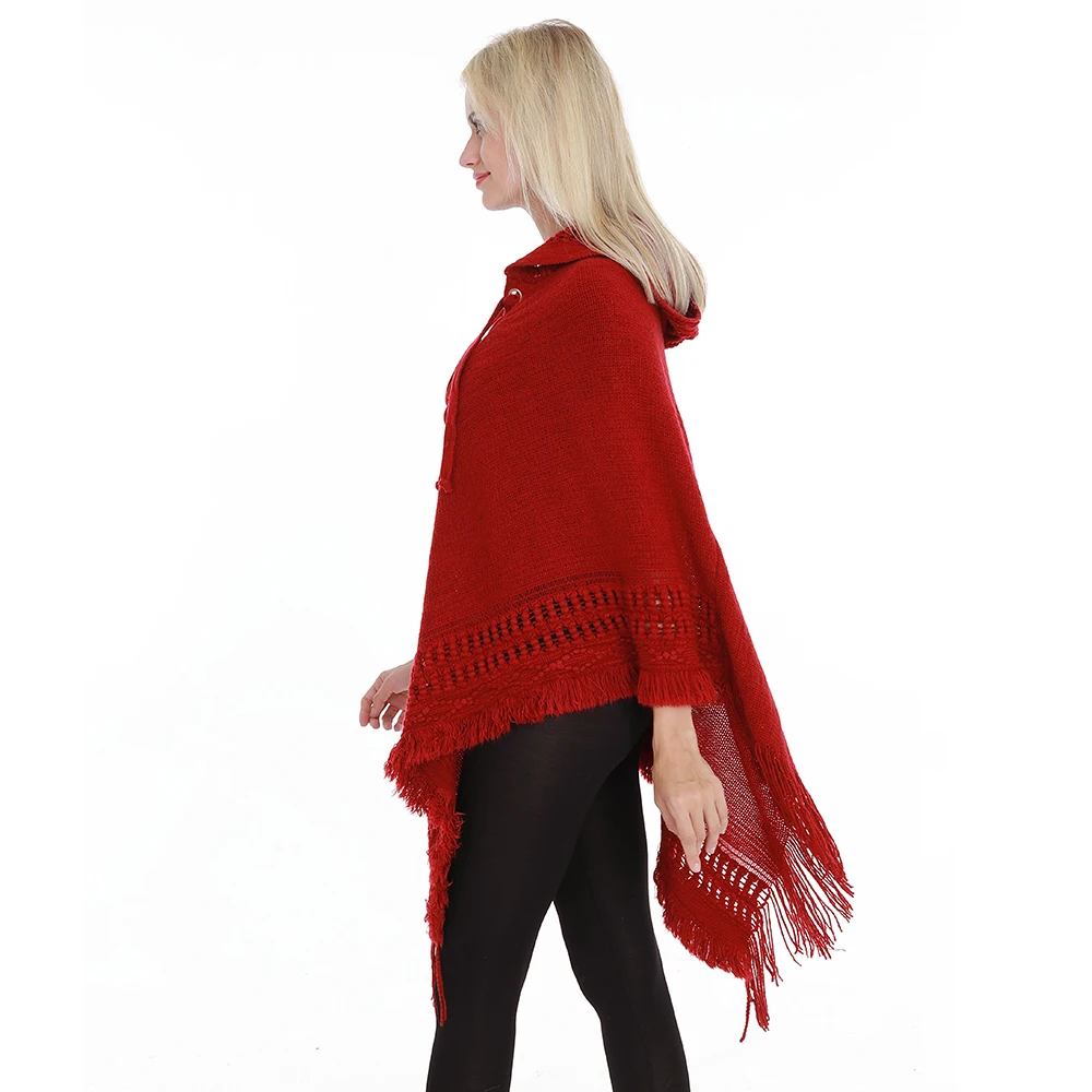 2019New Ladies Hooded Poncho Solid Color Cape With Rope Tassel Crochet Knitting Poncho For Women Pullover