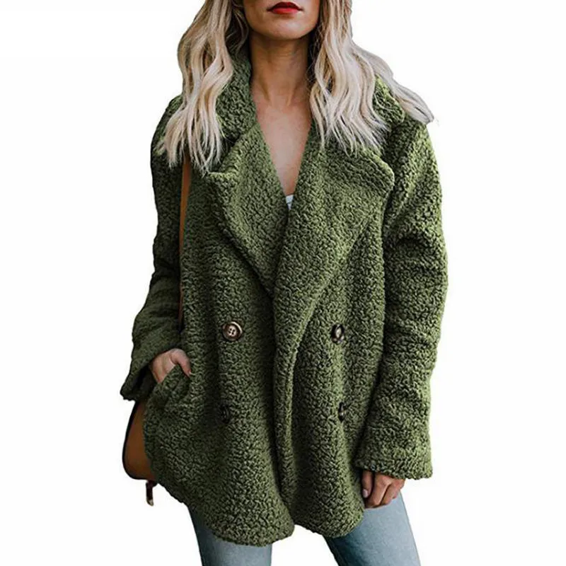 Зимние куртки, женское плюшевое пальто, пальто с отворотом, теплые пушистые меховые куртки, женские пальто с длинным рукавом, Chaqueta Mujer, 5XL размера плюс - Цвет: green