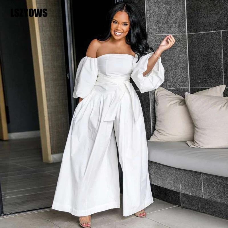 

Elegant White Jumpsuit Women 2019 Summer Off Shoulder Lantern Sleeve Loose Wide Leg Jumpsuit Casual Party Rompers Long Playsuits