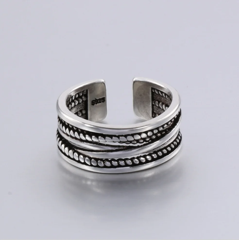 

925 sterling silver opening adjustable ring geometric chain French retro light luxury ring daily wild party ring