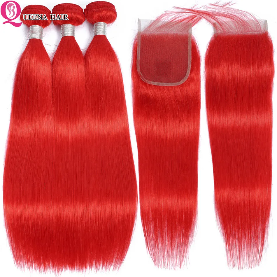 Red Straight Brazilian Human Hair Bundles with Closure, Pre-Plucked Remy Weave image 2