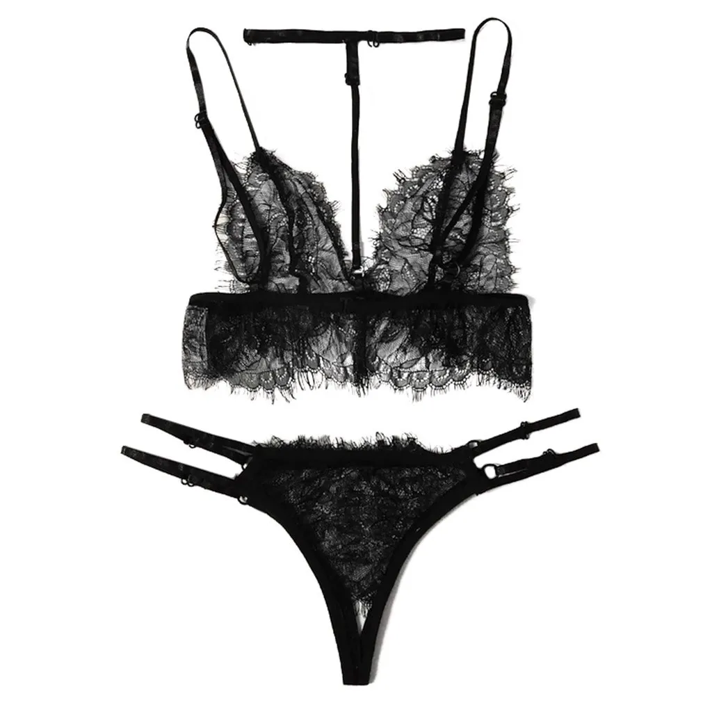 Сексуальное женское белье Ropa Interior Femenina, женский кружевной бюстгальтер с v-образным вырезом и бретельками, стринги с открытой промежностью, Черное Нижнее белье Lenceria Transparente