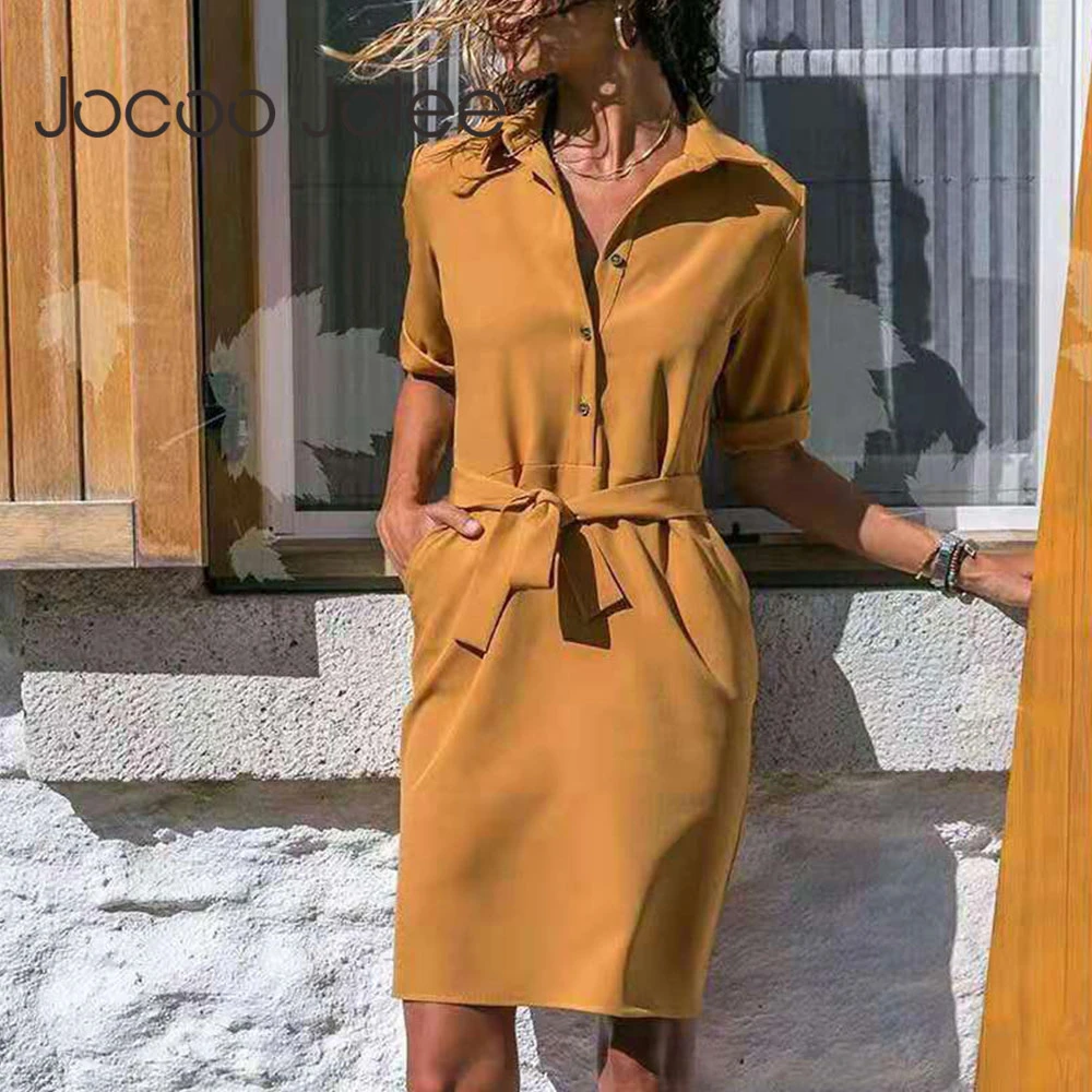 Jocoo Jolee Shirt Dress Women Turn-down Collar Sashes Knee-length Dress Casual Psrty Dress Oversized Loose Dress Vestidos Robe cocktail dresses