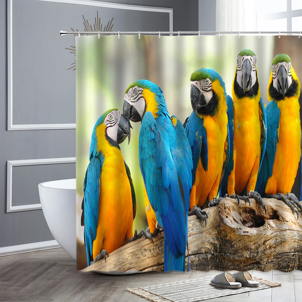 

Animal Birds Shower Curtain Green Plant Flowers Parrot Natural Scenery Bathroom Decor Screen waterproof Fabric Bath Curtains Set