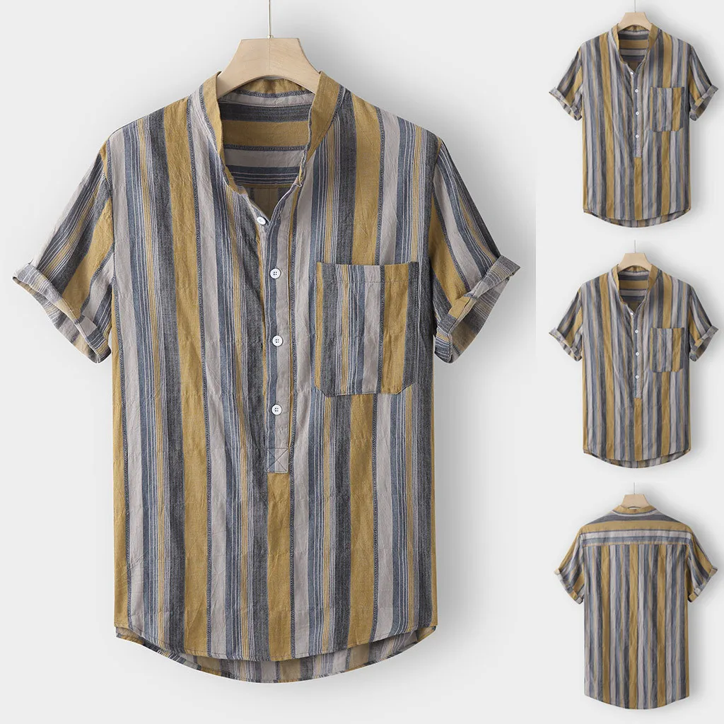 Fashion Men's Casual Button Hawaii Striped Print Beach Short Sleeve Top Blouse Contrast Color Printed Turn Down Collar shirts | Мужская