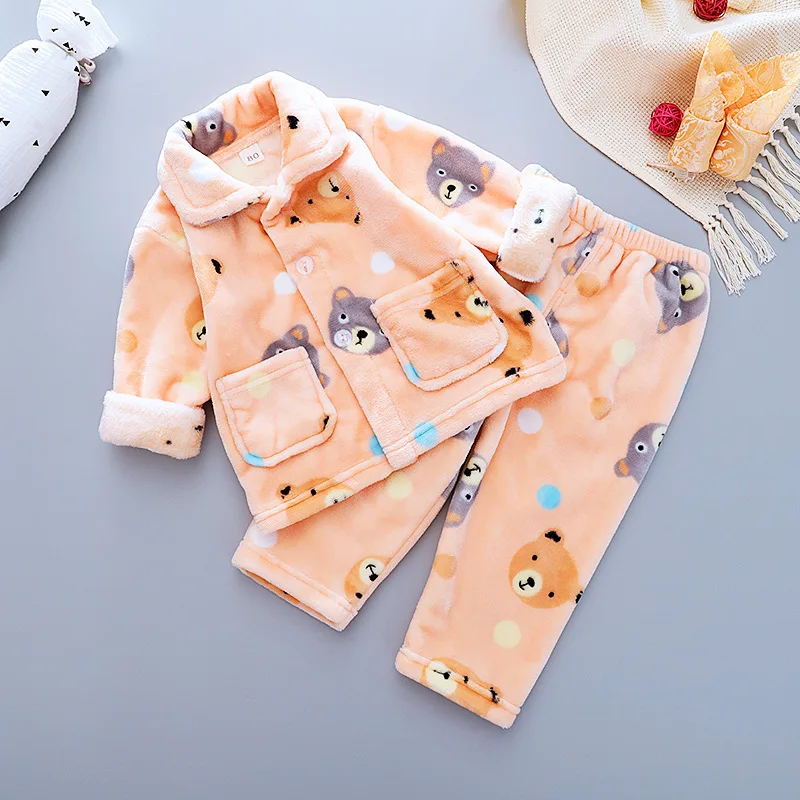 

Children's coral fleece pajamas set autumn and winter thickened warm pajamas boys and girls cartoon home service two-piece suit