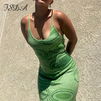 FSDA 2021 Print Knit Bodycon Dress Women Green Summer Hollow Out Sexy Sleeveless Spaghetti Strap Beach Midi Dresses Party 1