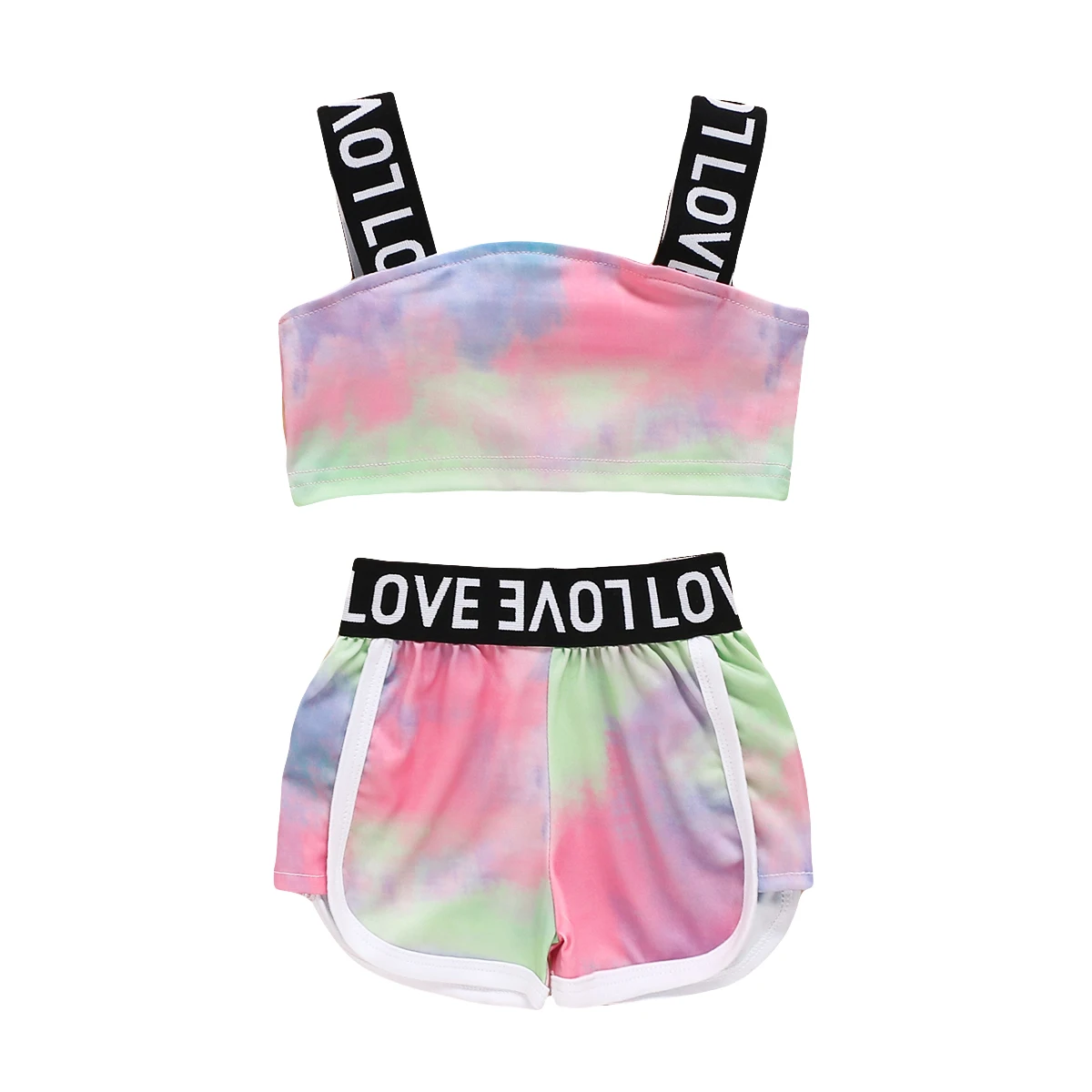 

Little Girls 2 PCS Outfit Summer Tie Dyeing Pattern Letter Sling Straps Short Top + Short Patchwork Elastic Band Pants Set