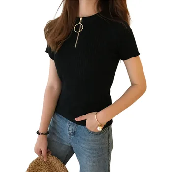 

Fashion High Collar Knitting Shirt Slim Pullover with Circle Zipper Women Summer Clothes