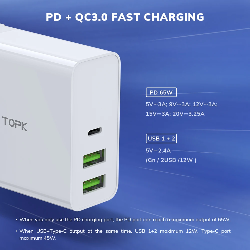 TOPK 65W PD USB зарядное устройство быстрое Type C Быстрая зарядка 3 0 Для MacBook Pro ноутбук