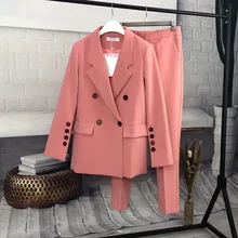 Roze Blazer Tweedelige Set Vrouwen 2021 Lente Nieuwe Collectie Koreaanse Elegante Casual Ol Pak Enkellange Broek
