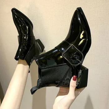 baratas Chelsea Botas De Couro De Metal De Fivela De Metal Botas De Inverno Apontou Dedo Do Pé Elástico Tornozelo Bottes Femmes Botas Goth Curto