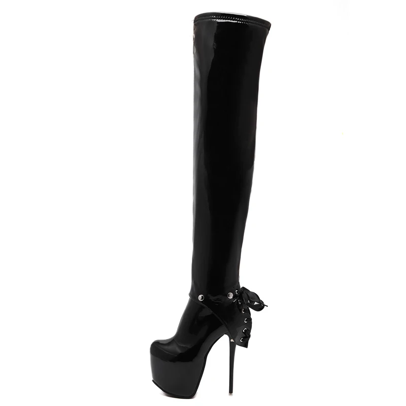 NIUFUNI/ г. Женские ботфорты пикантные сапоги до бедра из лакированной кожи с перекрестной шнуровкой женская зимняя обувь на платформе и каблуке 16 см - Цвет: black
