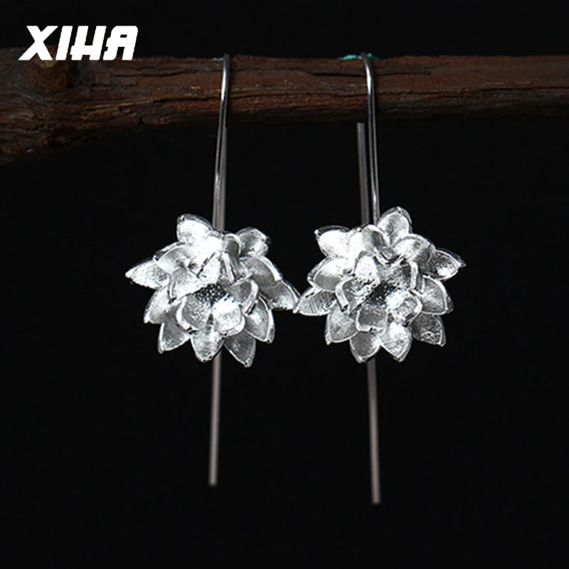 

100% Real 925 Sterling Silver Earrings for Women Lotus Flower Designer Drop Dangle Earring for Girl Anti-allergy Ethnic Jewelry