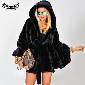 

BFFUR 2019 Fashion Real Mink Fur Jacket With Hood Bat Sleeve Thick Warm Winter Luxury Pelt Genuine Mink Fur Coats With Fur Belt