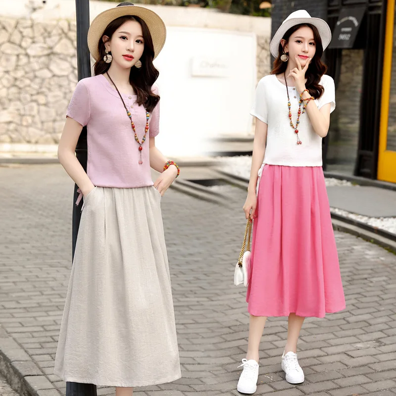 

Cotton Linen Dress Spring 2019 New Style WOMEN'S Dress Dress Outfit Two-Piece Set Student Slimming Loose-Fit Leisure Suit