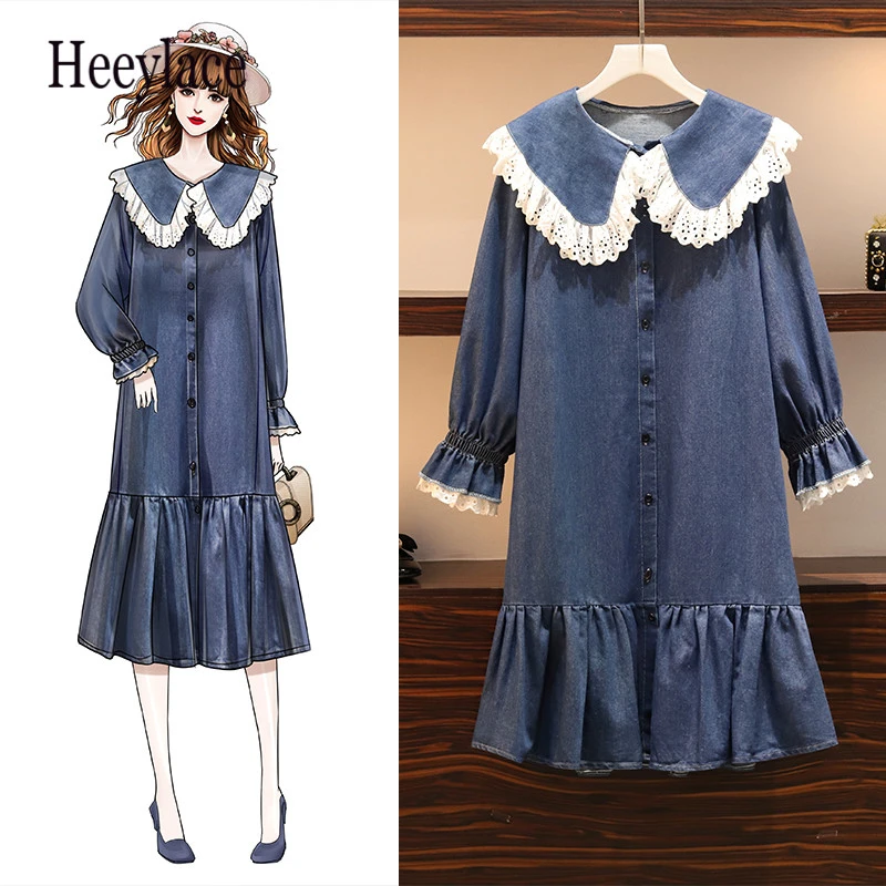 

Plus Size Women Denim Shirt Dress Autumn 2019 Embroidery Lace Peter Pan Collar Long Sleeve Loose Casual Ruffle Dresses 5xl