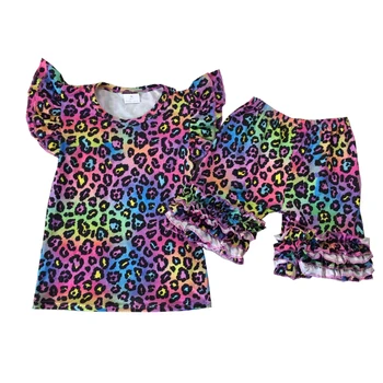

cheetah printed milk silk flutter sleeve match ruffle shorts summer baby girl cute clothing set