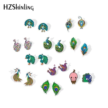 

2019 New Peacocks Art Acrylic Earring Color Peacock Feathers Fashion Stud Earrings Epoxy Art Photo Resin Earring