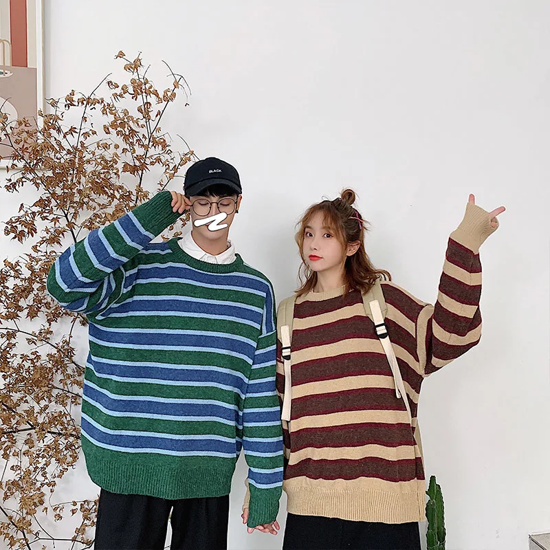 Autumn New Striped Sweater Men Fashion Contrast Color Casual Knit Sweter Streetwear Wild Loose Long-sleeved Pullover Men Clothes