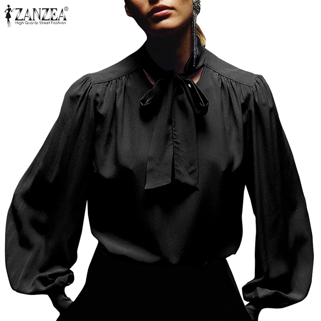 

ZANZEA 2020 Women's Puff Sleeve Blouse Elegant Bow Tie Shirt Casual Button Solid Work Blusas Female Lace Up Tops Plus Size Tunic